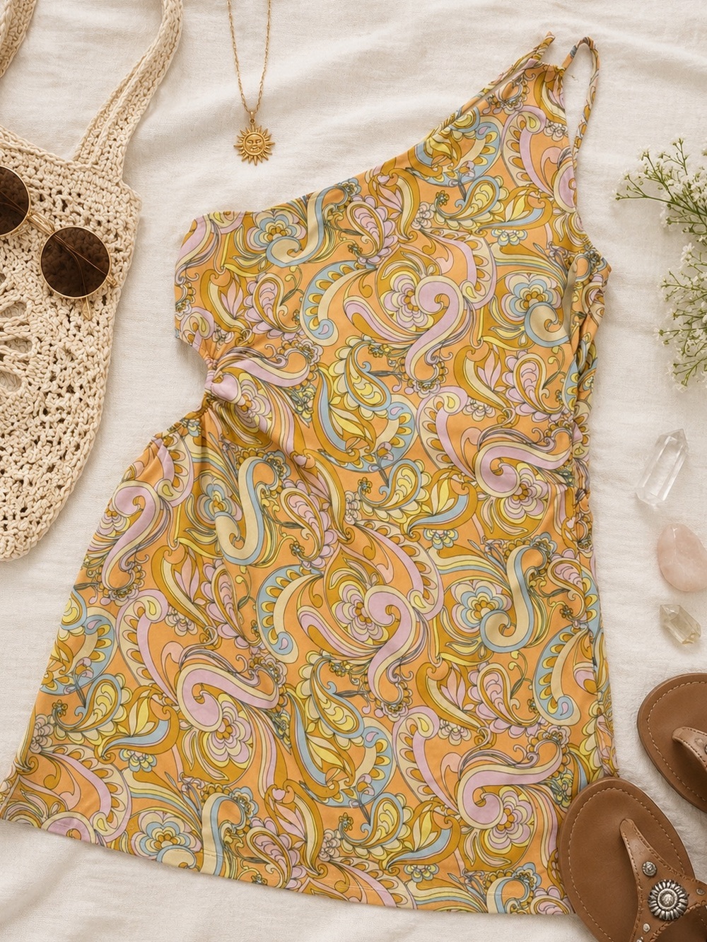 American Eagle One Shoulder Paisley Mini Dress Women's Large Orange Multi - Picture 1 of 10